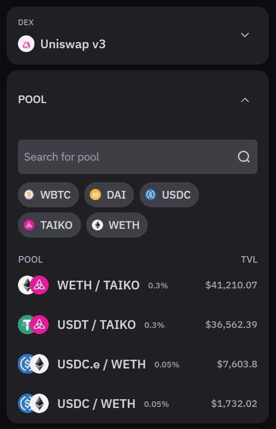 Select DEX and pool
